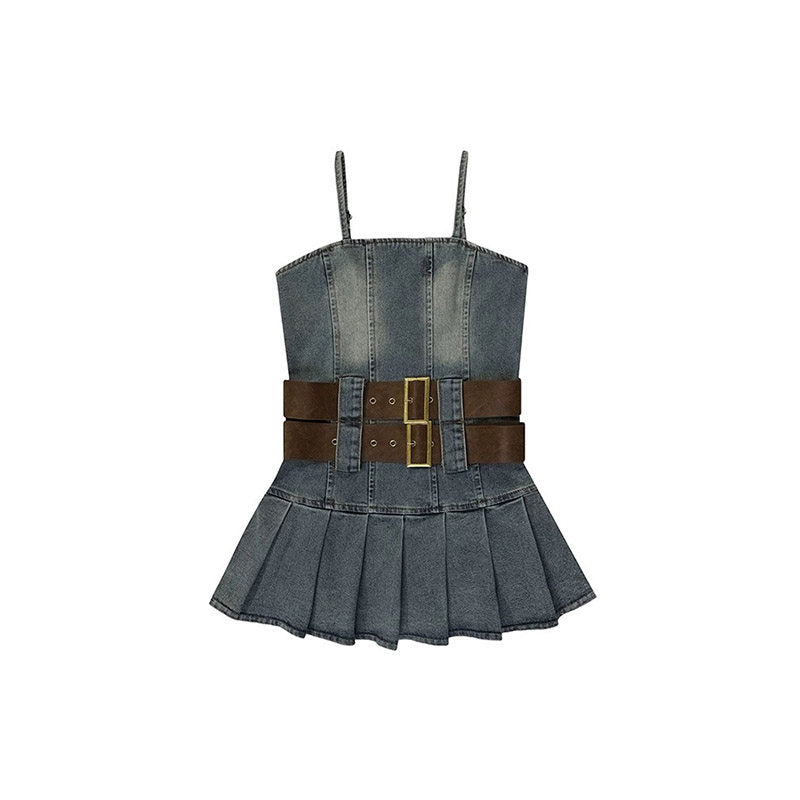 Denim Tube Top Pleated Mini Dress