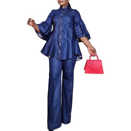 Denim Turtleneck Button Straight Pants Suit