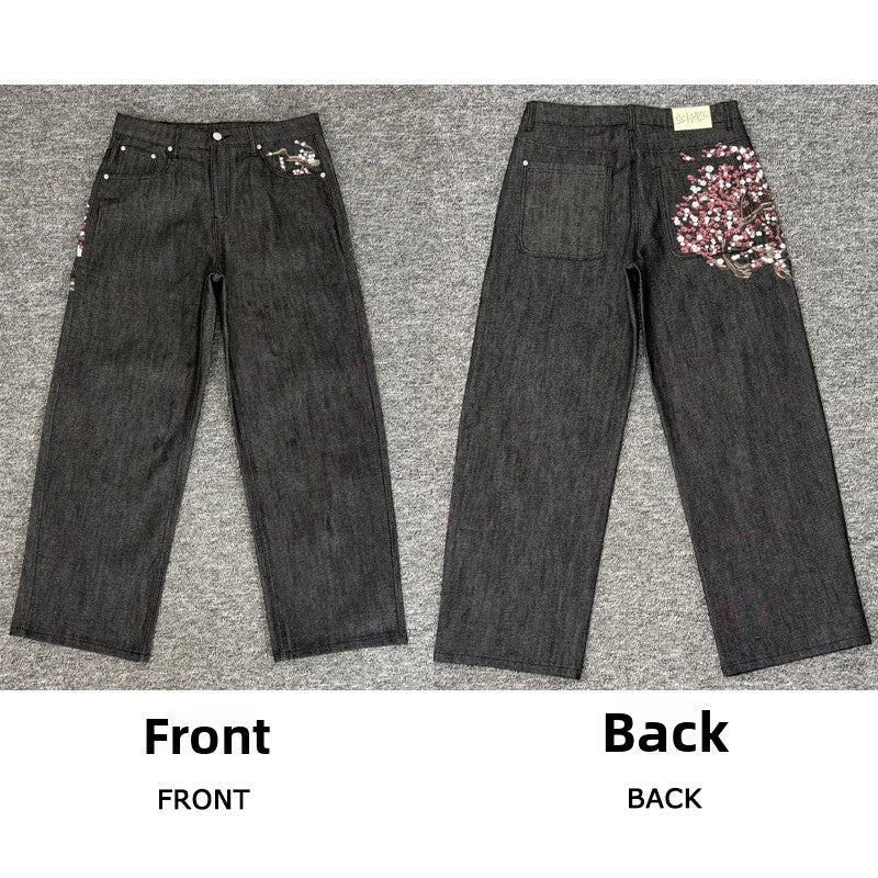 Designer Embroidered Denim Jeans Straight Leg Low Rise