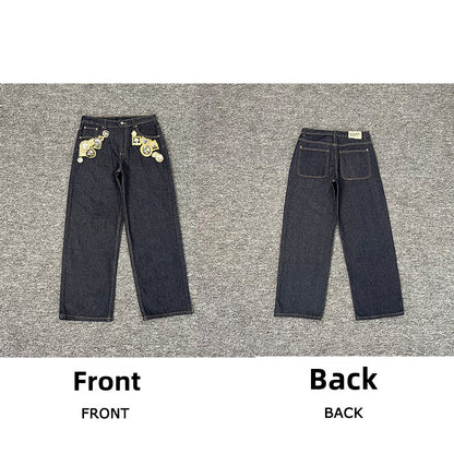 Designer Embroidered Denim Jeans Straight Leg Low Rise
