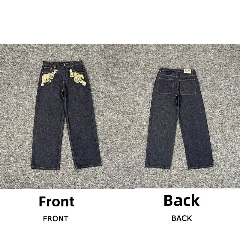 Designer Embroidered Denim Jeans Straight Leg Low Rise