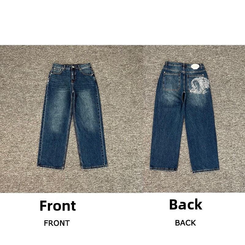 Designer Embroidered Denim Jeans Straight Leg Low Rise