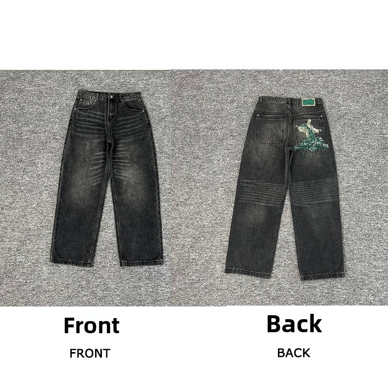 Designer Embroidered Denim Jeans Straight Leg Low Rise