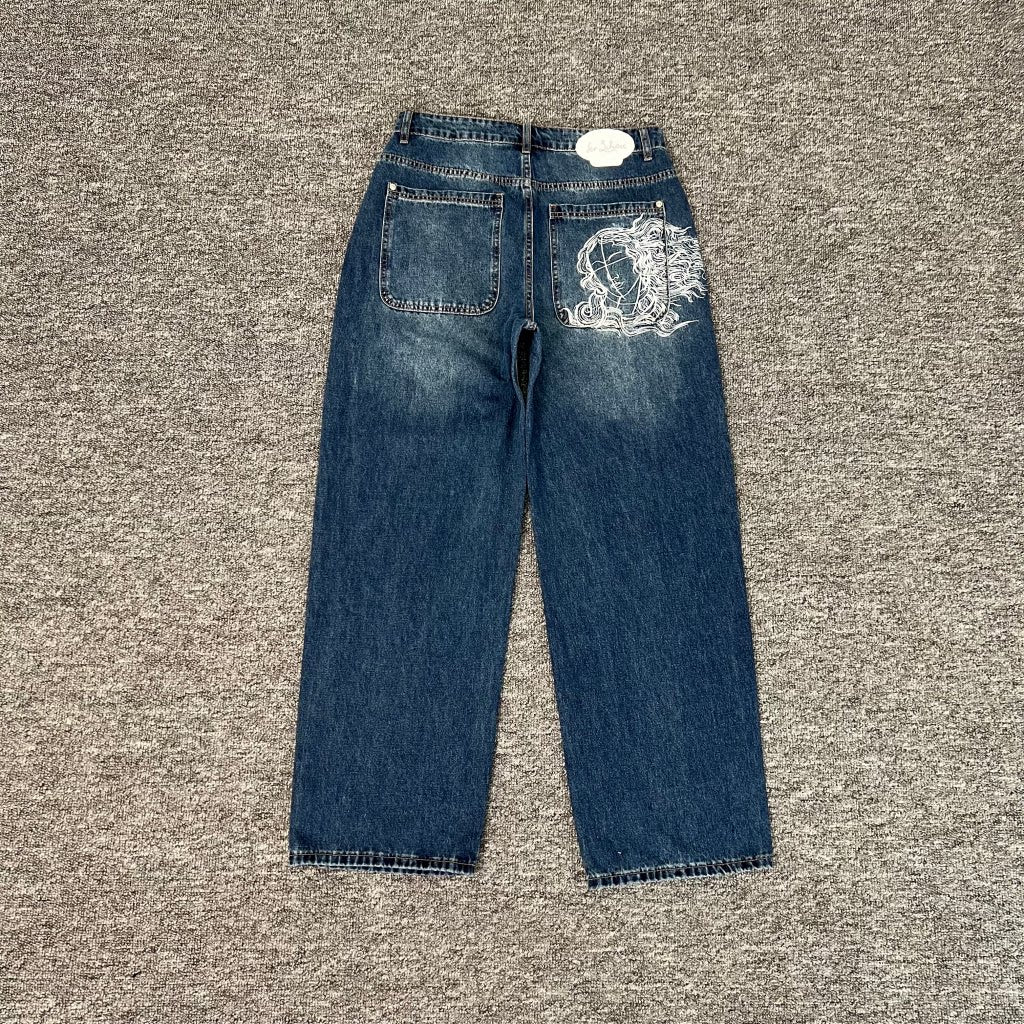 Designer Embroidered Denim Jeans Straight Leg Low Rise
