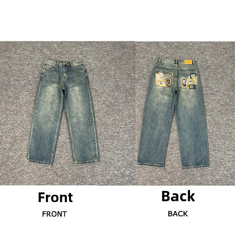 Designer Embroidered Denim Jeans Straight Leg Low Rise