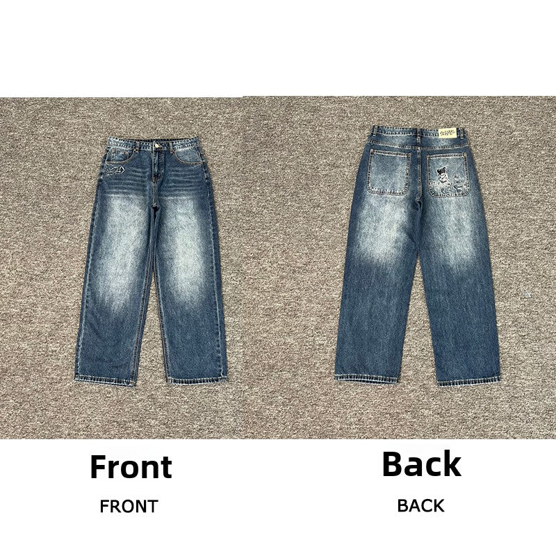 Designer Embroidered Denim Jeans Straight Leg Low Rise
