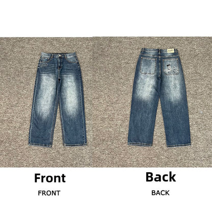 Designer Embroidered Denim Jeans Straight Leg Low Rise
