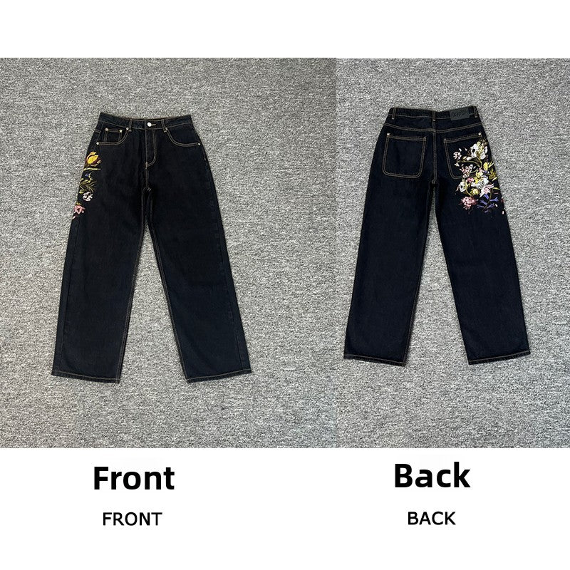 Designer Embroidered Denim Jeans Straight Leg Low Rise