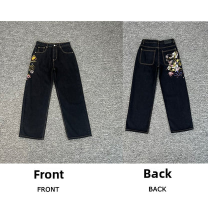 Designer Embroidered Denim Jeans Straight Leg Low Rise