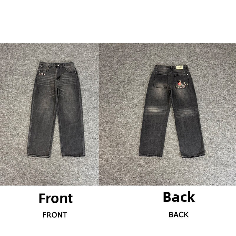 Designer Embroidered Denim Jeans Straight Leg Low Rise