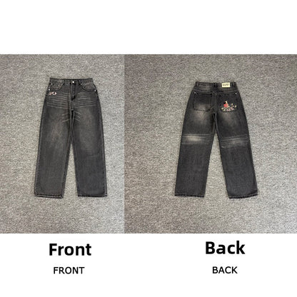 Designer Embroidered Denim Jeans Straight Leg Low Rise