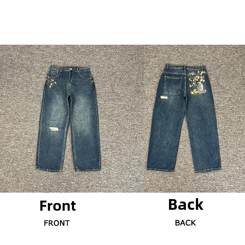 Designer Embroidered Denim Jeans Straight Leg Low Rise