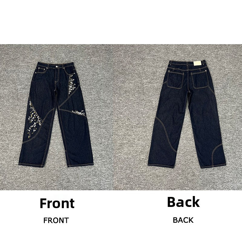 Designer Embroidered Denim Jeans Straight Leg Low Rise