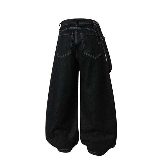 Detachable Strap Denim Wide Leg Pants
