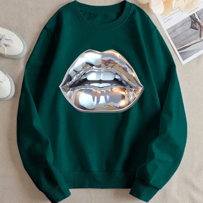 Buy Women’s Cartoon Silver Lip-Printed Sweatshirt for Casual Wear