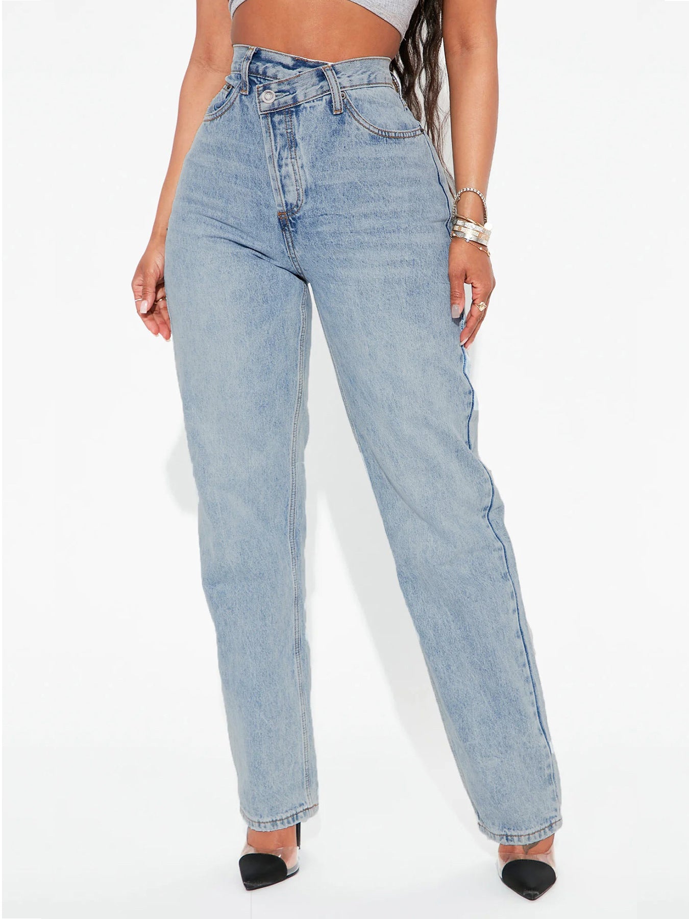 Diagonal waist cross vintage denim pants