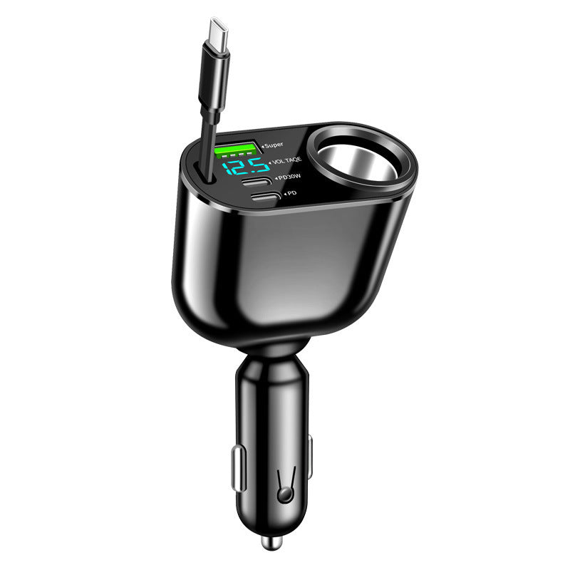 Digital Display Car Charger with Retractable Cable
