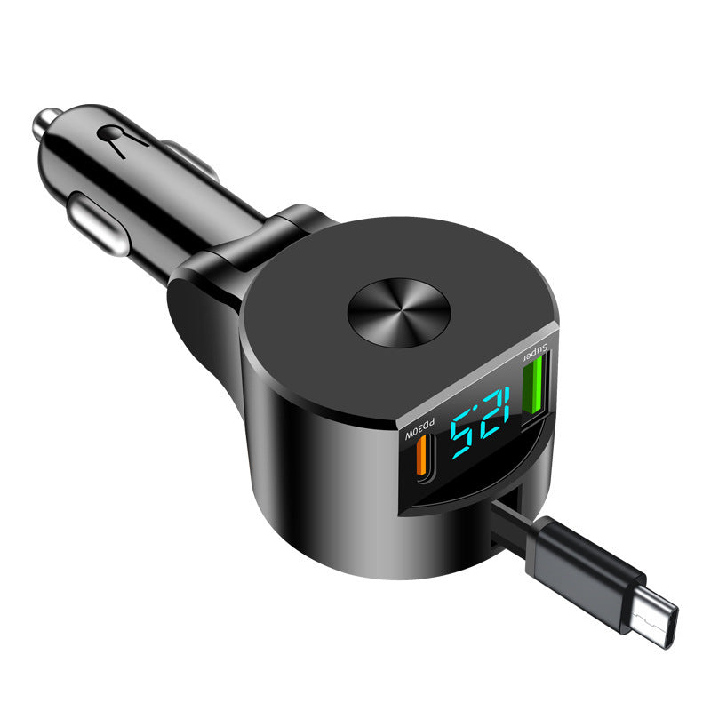 Digital Display Car Charger with Retractable Cable