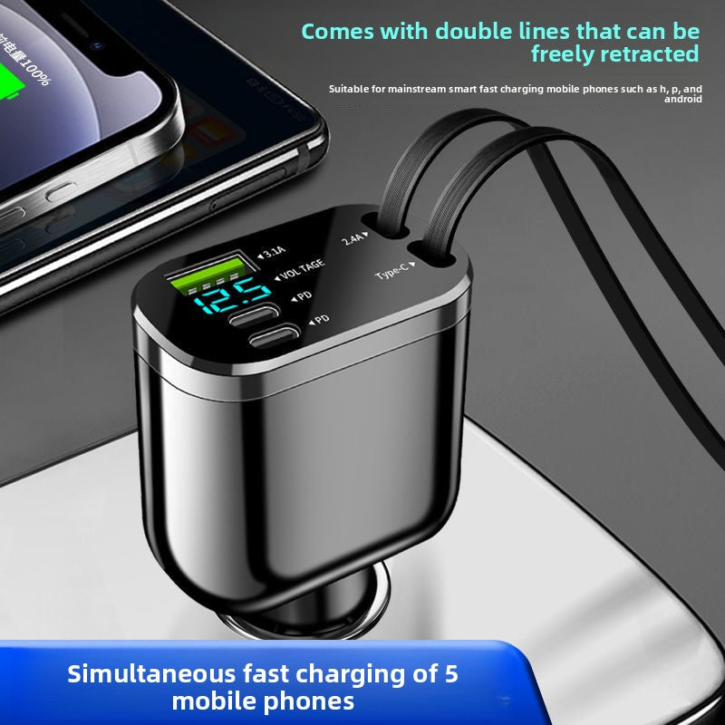 Digital Display Car Charger with Retractable Cable