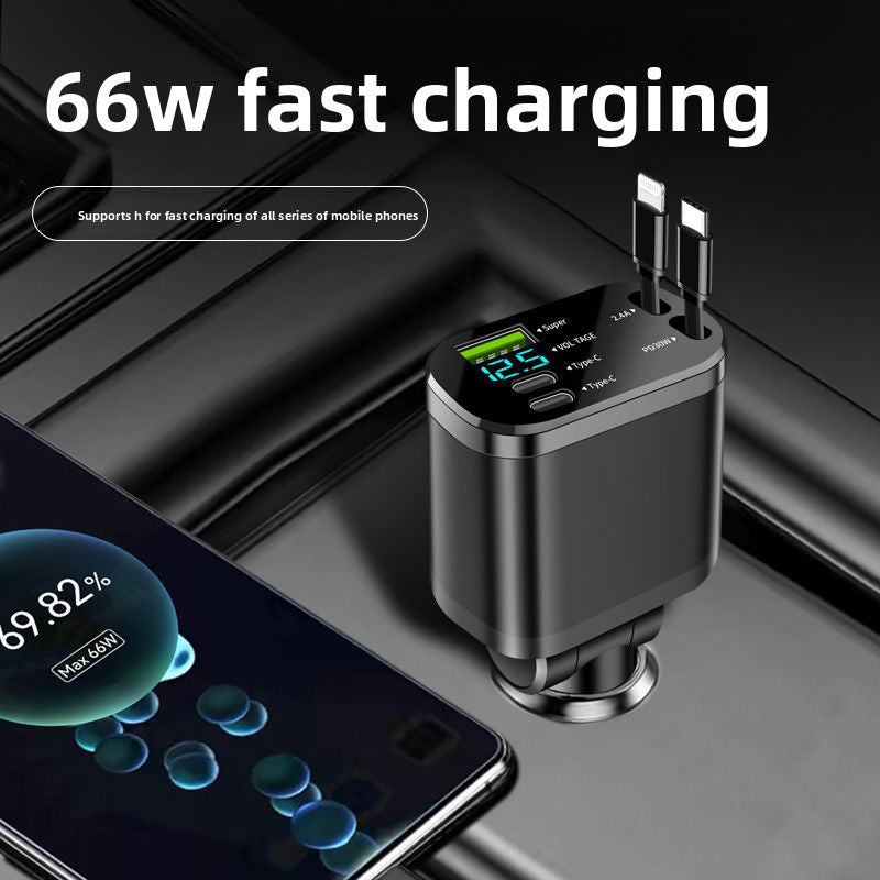 Digital Display Car Charger with Retractable Cable