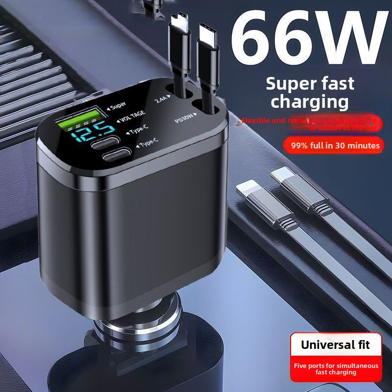 Digital Display Car Charger with Retractable Cable