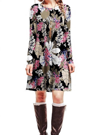 Digital Print Round Neck Long Sleeve Dress