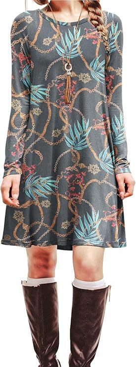 Digital Print Round Neck Long Sleeve Dress