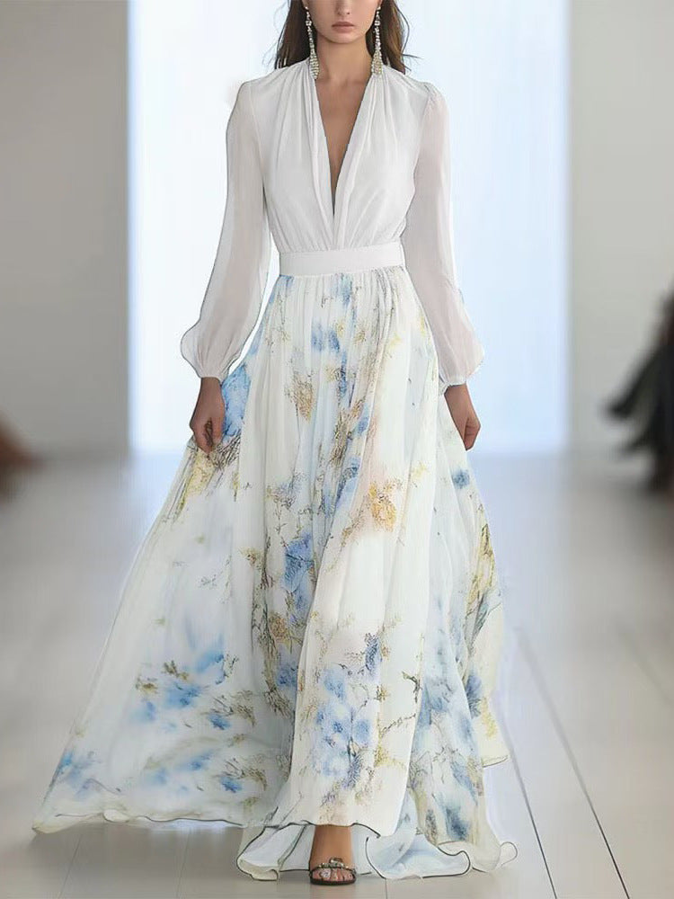 Digital Print V-Neck Puff Sleeve Dress