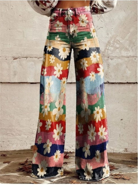 Digital Printed Five-Pointed Star Faux Denim Women's Wide-Leg Pants, 3D Flared Trousers