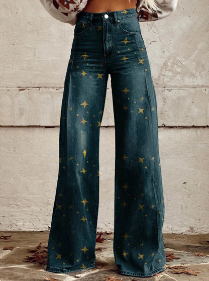 Digital Printed Five-Pointed Star Faux Denim Women's Wide-Leg Pants, 3D Flared Trousers