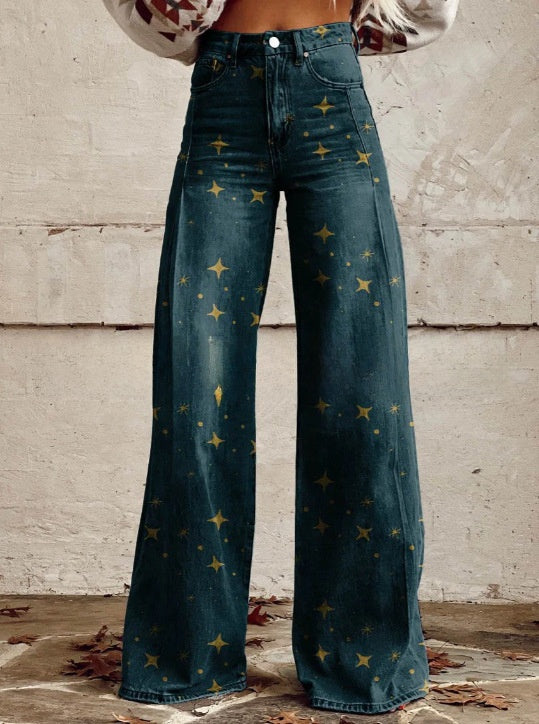 Digital Printed Five-Pointed Star Faux Denim Women's Wide-Leg Pants, 3D Flared Trousers