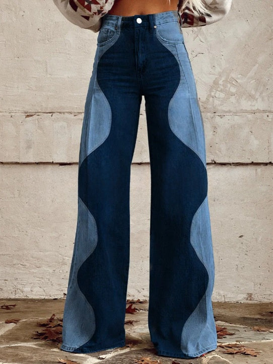 Digital Printed Five-Pointed Star Faux Denim Women's Wide-Leg Pants, 3D Flared Trousers