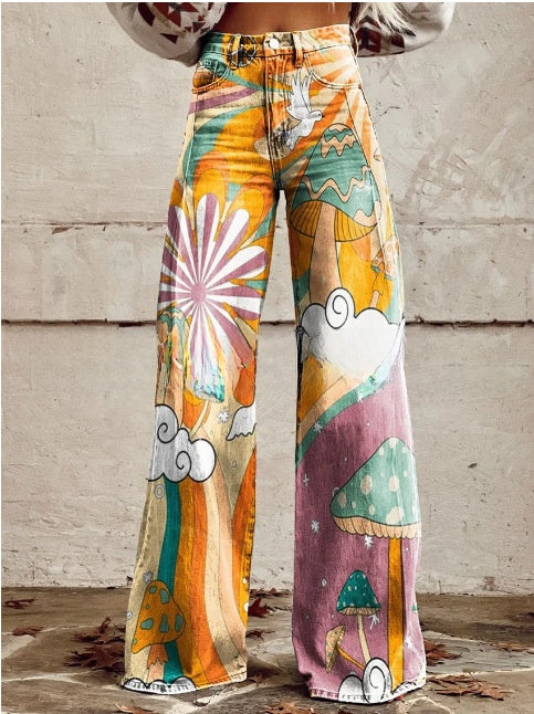 Digital Printed Five-Pointed Star Faux Denim Women's Wide-Leg Pants, 3D Flared Trousers