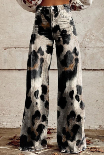 Digital Printed Five-Pointed Star Faux Denim Women's Wide-Leg Pants, 3D Flared Trousers