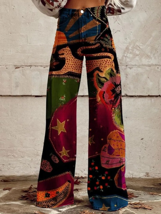 Digital Printed Five-Pointed Star Faux Denim Women's Wide-Leg Pants, 3D Flared Trousers