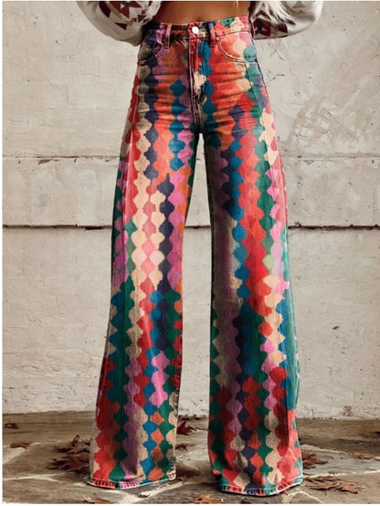Digital Printed Five-Pointed Star Faux Denim Women's Wide-Leg Pants, 3D Flared Trousers