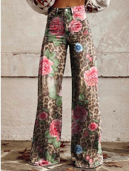 Digital Printed Five-Pointed Star Faux Denim Women's Wide-Leg Pants, 3D Flared Trousers