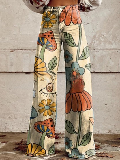 Digital Printed Five-Pointed Star Faux Denim Women's Wide-Leg Pants, 3D Flared Trousers