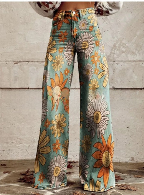 Digital Printed Five-Pointed Star Faux Denim Women's Wide-Leg Pants, 3D Flared Trousers