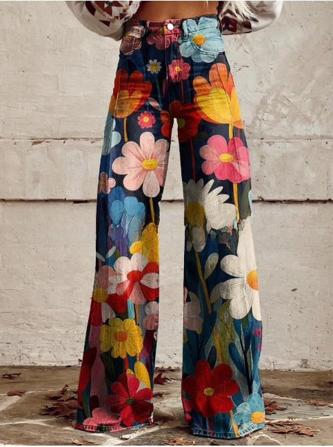 Digital Printed Five-Pointed Star Faux Denim Women's Wide-Leg Pants, 3D Flared Trousers