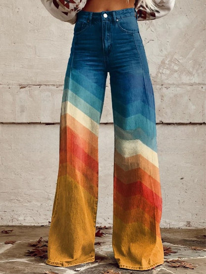 Digital Printed Five-Pointed Star Faux Denim Women's Wide-Leg Pants, 3D Flared Trousers