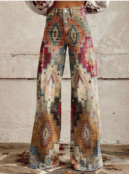 Digital Printed Five-Pointed Star Faux Denim Women's Wide-Leg Pants, 3D Flared Trousers
