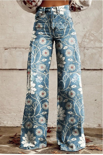 Digital Printed Five-Pointed Star Faux Denim Women's Wide-Leg Pants, 3D Flared Trousers