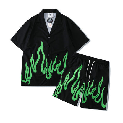 Digital Printing Flame Loose Short-Sleeved Shirt Shorts Suit for Men