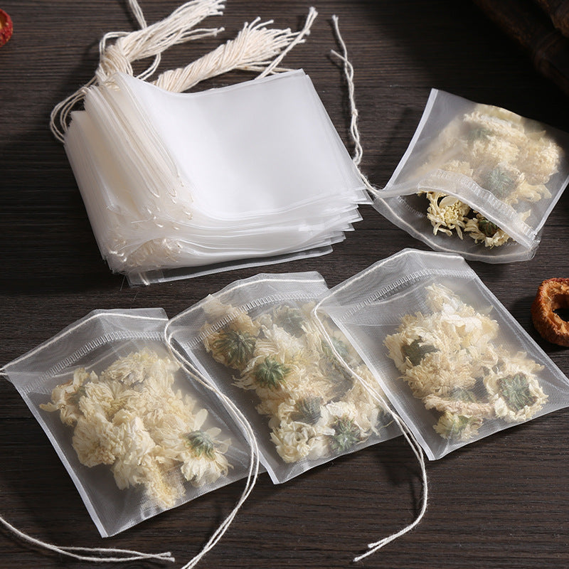 Disposable tea bag with drawstring