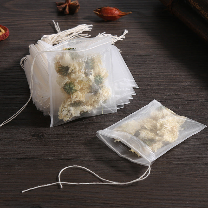 Disposable tea bag with drawstring