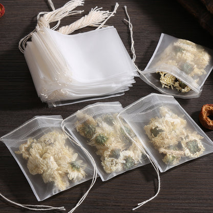 Disposable tea bag with drawstring
