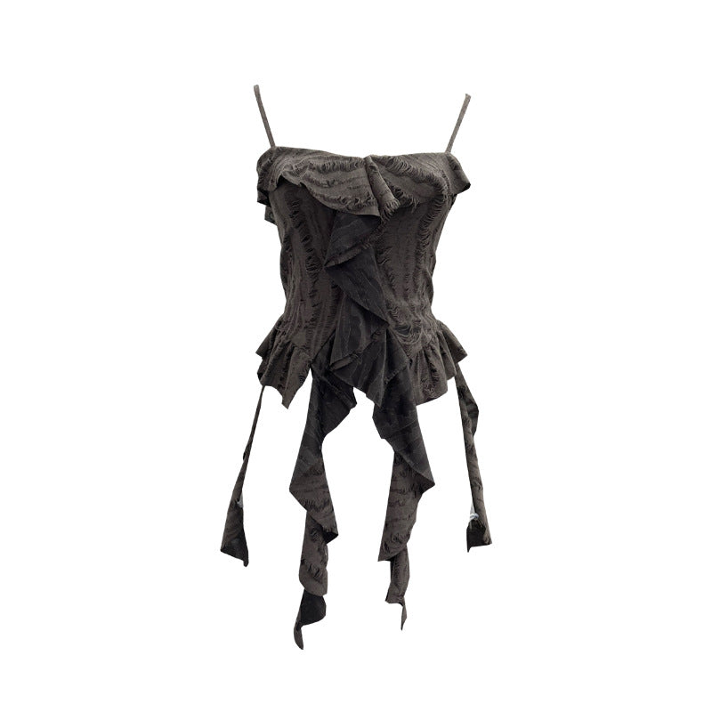 Distressed asymmetric hem camisole top