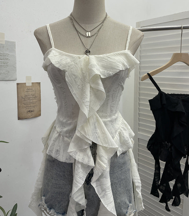 Distressed asymmetric hem camisole top