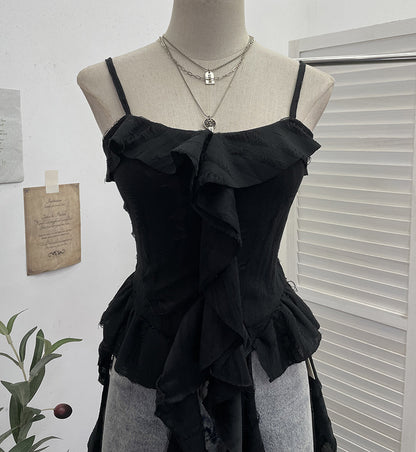 Distressed asymmetric hem camisole top